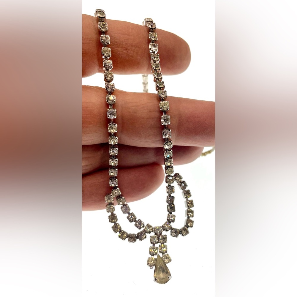 Vintage MCM Silver Tone Necklace Choker with Prong Set Faceted Rhinestones